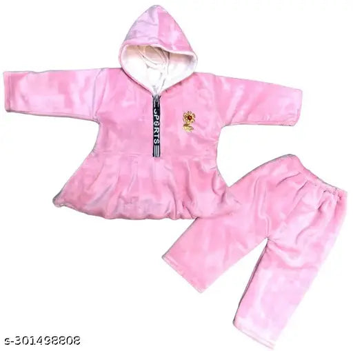 Wool winter wear girls frock suit, solid pattern in 0-3M, 3-6M, 6-12M sizes, Indian-made