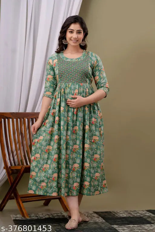 Women's cotton maternity floral Anarkali kurti with hidden zips, loose and tight fit, party wear gown. Printed flower design on lightweight fabric, easy machine and hand wash. Made for pre & post pregnancy, sizes M-XXL. Made in India." (120 characters)