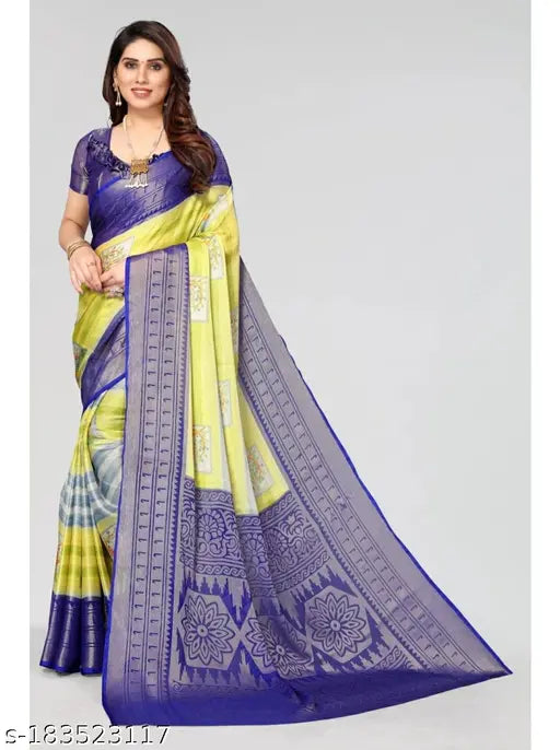 Striped Brasso chiffon saree with semi-stitched blouse, India's latest fashion for women's parties or festivals