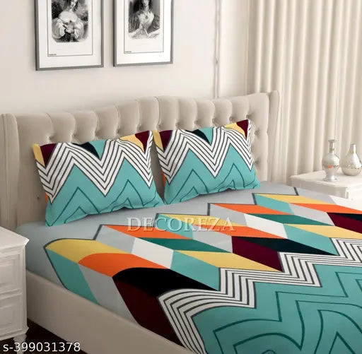 Cotton Feel Glace Microfiber Geometric Printed King Size Fitted Bedsheet, soft & durable 2 pillow covers (72x78)