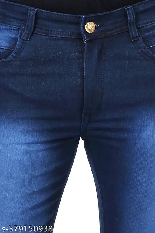 Dark blue carrot-fit denim jeans for men. Stylish, comfortable, and trendy, size options include 28, 30, 32, 34, or 36. Made in India
