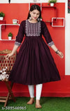 Trendy rayon embroidered Anarkali kurti, solid combo, three-quarter sleeves, Indian fashion clothing