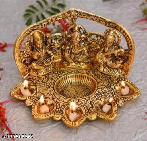 Metal Laxmi Ganesh Saraswati idol with 5 diya, aluminum handcrafted Indian art