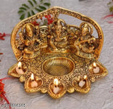 Metal Laxmi Ganesh Saraswati idol with 5 diya, aluminum handcrafted Indian art