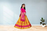 Kids girls taffeta-silk lehenga choli set in jacquard patterns, showcasing short-sleeved top and stitched net bottom. 7-8 years size: waist 28in, length 28in, duppatta 1.5in; 9-10 years size: waist 32m, length 32m, duppatta 1.5m; 11-12 years size: waist 36m, length 36m, duppatta 1.5m. Traditional Indian outfit for young princesses