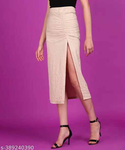 Beige long slit self design skirt with tie waist, casual wear for women