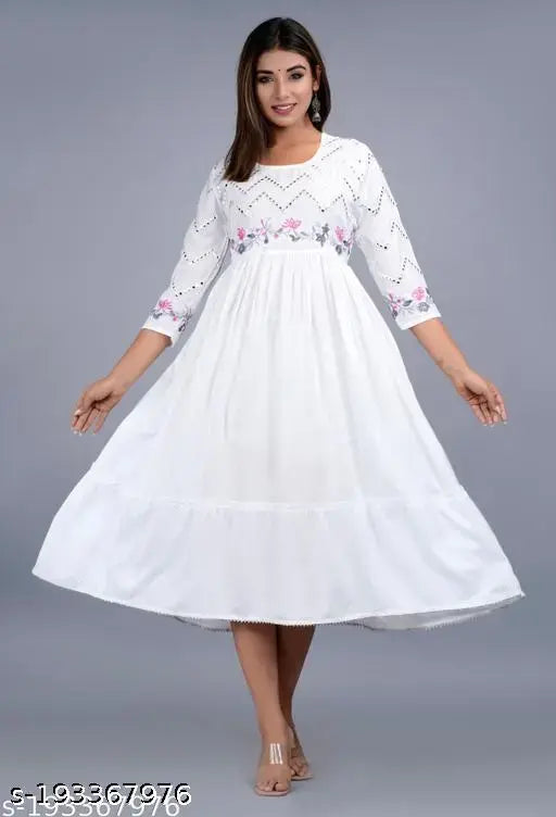 Embroidered Rayon Kurtis - Pink, Blue, White, Red & Yellow; Three-Quarter Sleeve, Indian Handcraft