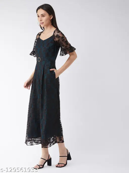 Black polyester self-design v-neck jumpsuit with short sleeves, lace overlay, and contrast teal details. Women's outfit features frilled sheer raglan sleeves and buckled waistband