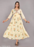 Anarkali printed rayon kurtas for women and girls, vibrant Indian embroidery on three-quarter sleeves