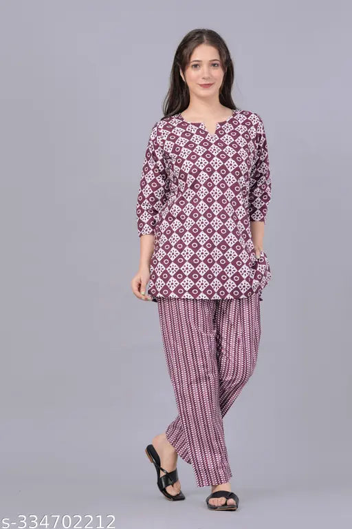 Pure cotton coord night suit for women, printed, three-quarter sleeves, breathable for Indian weather