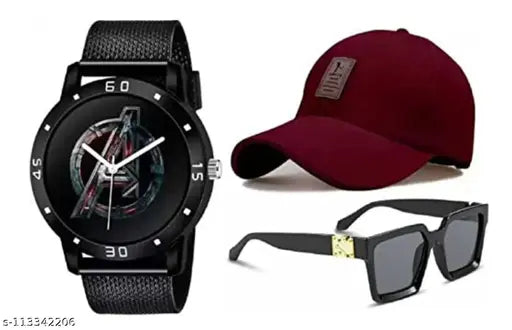 Solid cotton baseball cap, Self Design Festival Offer Combo Watch 01 + Cap - 01 + Sunglass - 01, ideal for men's and boys - classic accessory pack of 3 (India)