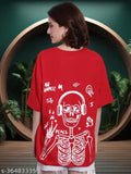 Red cotton printed loose fit oversized baggy t-shirt for women