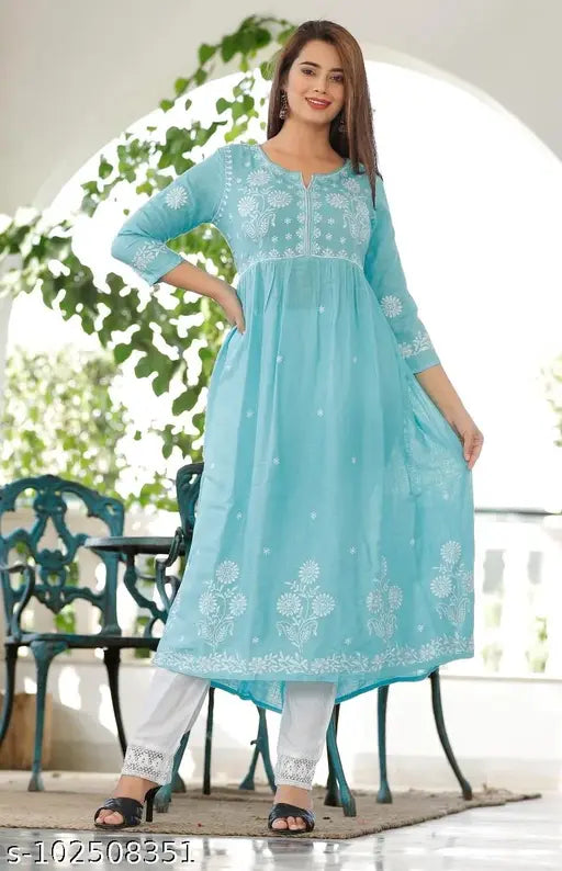 Aqua Blue Rayon Chikankari embroidered Anarkali kurti, three-quarter sleeves for women