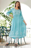 Aqua Blue Rayon Chikankari embroidered Anarkali kurti, three-quarter sleeves for women