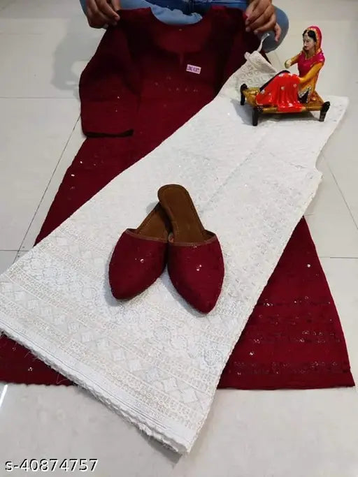Trendy women's cotton Cambric kurta & palazzos, embroidered net pattern, three-quarter sleeves, pack of 2 sizes, Indian chikankari sequin set