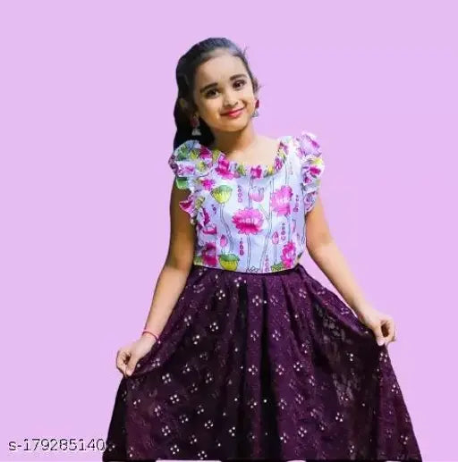 Embroidered rayon Lengha Cholis for baby girls in printed pattern, short sleeves style with stitched net, Indian origin