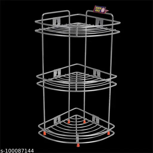 Stainless Steel 3-tier corner rack with shelf mounts for kitchen and bathroom use