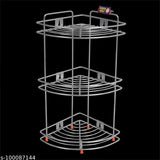 Stainless Steel 3-tier corner rack with shelf mounts for kitchen and bathroom use