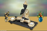 Brown polyresin wooden tray with meditating Buddha idol, 20x11x20 cm, one piece - elegant home decor item for spiritual spaces