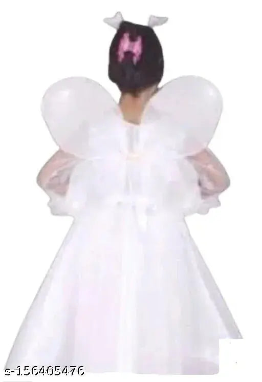 Girl's Party Wear, Frock with Full Sleeves, Long-Sleeve Party Dress, White Satin Fabric, Shiny and Lightweight, Fairy Themed Stick and Headband, 3m for Longer Durability