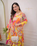 Rayon printed kurta set with palazzo bottoms, three-quarter sleeves, Indian women's fashion on mannequin