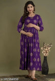 Purple rayon maternity kurti with three-quarter sleeves, printed combo design, available in sizes M, L, XL, XXL