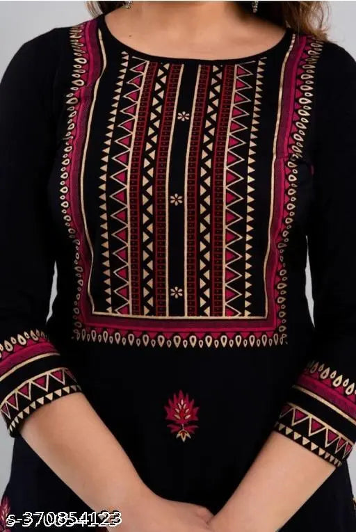 Black Rayon Sharara Set with Dupatta and Bottomwear, printed, three-quarter sleeves, India origin