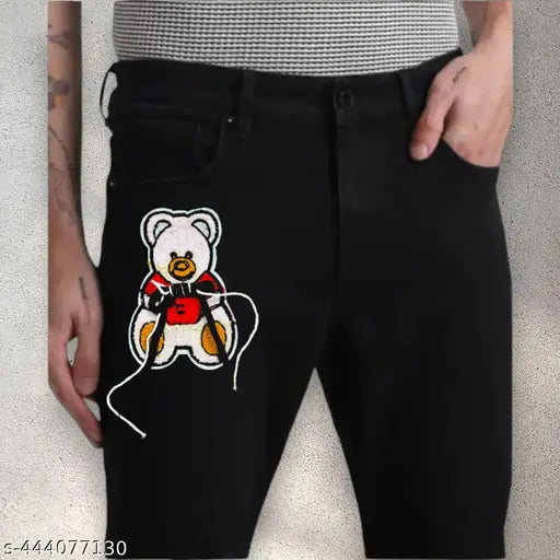 Men's teddy bear graphic design jeans with a red shirt pocket