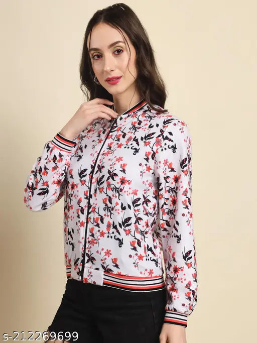 Fleece women's winter jacket, printed net design, long sleeves - S (bust 34in, length 25in), India origin