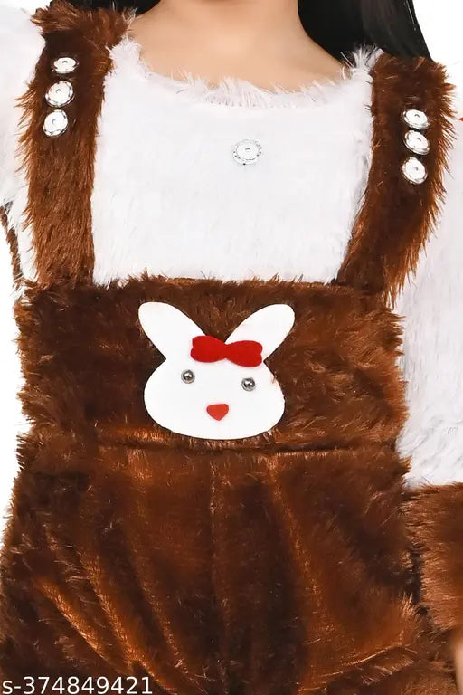 Brown wool sweater jumpsuit with applique patterns, three-quarter sleeves, and matching bow tie. Fancy winter wear for kids aged 9-10 years, originating from India