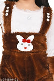 Brown wool sweater jumpsuit with applique patterns, three-quarter sleeves, and matching bow tie. Fancy winter wear for kids aged 9-10 years, originating from India