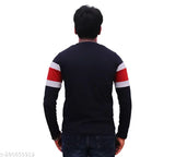 Black, red, and white striped round neck cotton T-shirt for men, long sleeves, comfortable fit, versatile layering