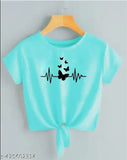 Sea Green Lycra crop top with bee butterfly printed, women's short sleeves casual summer wear, Indian origin