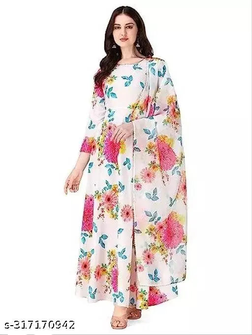 Vibrant floral print Georgette maxi dress with Dupatta, perfect for parties and weddings