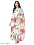 Vibrant floral print Georgette maxi dress with Dupatta, perfect for parties and weddings
