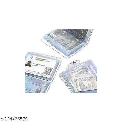 Plastic transparent button ATM card holder for credit/debit cards. Solid, lightweight, and slim design with 12 slots. Ideal for everyday use, free size (10cm x 8cm). Made in India