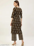 Mahendi green cotton kurta & palazzo pant set, features 3/4 sleeves, V-neck, straight fit, printed floral pattern. Made of 60*60 cotton, suitable for casual and festive occasions. Indian origin." (125 characters)