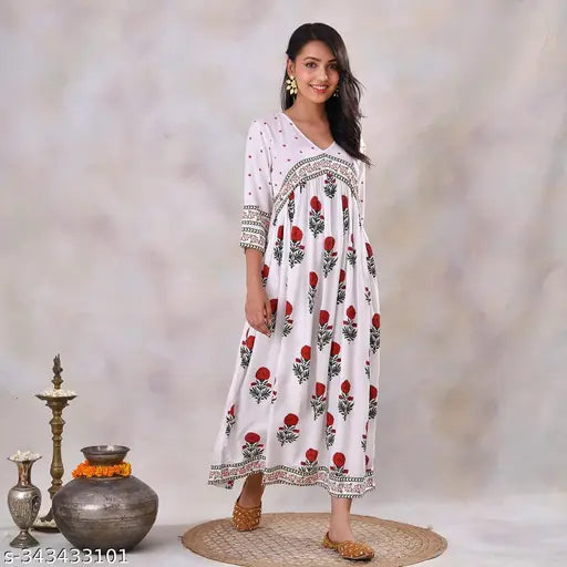Polka dot rose printed rayon Anarkali kurti, three-quarter sleeves, festive fancy wear for women