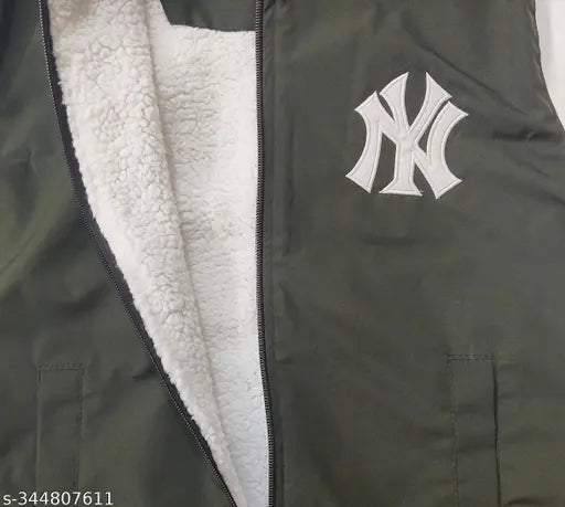 Varsity baseball jacket, black with white baseball logo on front, waterproof, likely featuring a zip closure and multiple pockets
