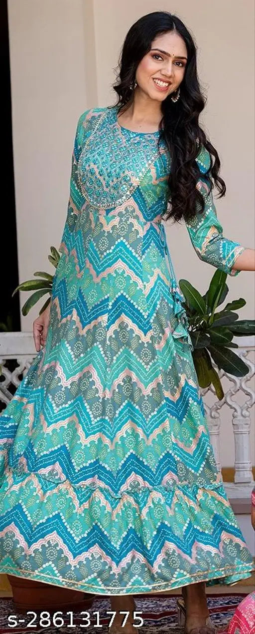 Heavy gold foil print cotton Anarkali kurta, women's premium full-length embroidered design with three-quarter sleeves, Indian origin