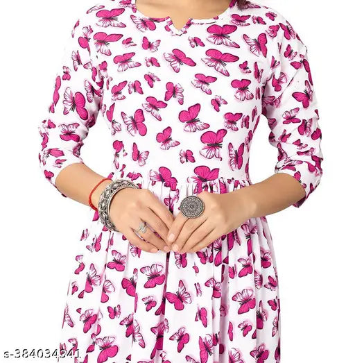 Butterfly Printed Crepe Anarkali Kurtis - Women's style in India with 3/4 sleeves and floor-length design, featuring a delicate butterfly print on high-quality crepe fabric. Available in sizes S, M, L, XL, XXL