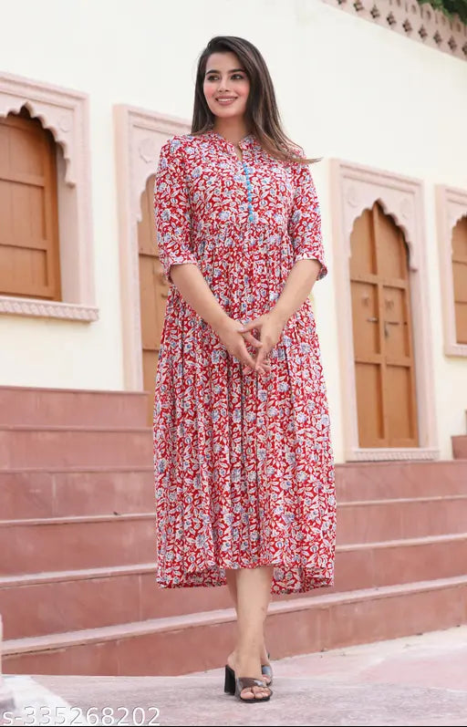 Cotton Printed Chikankari Anarkali Kurta, latest design in vibrant colors, three-quarter sleeves