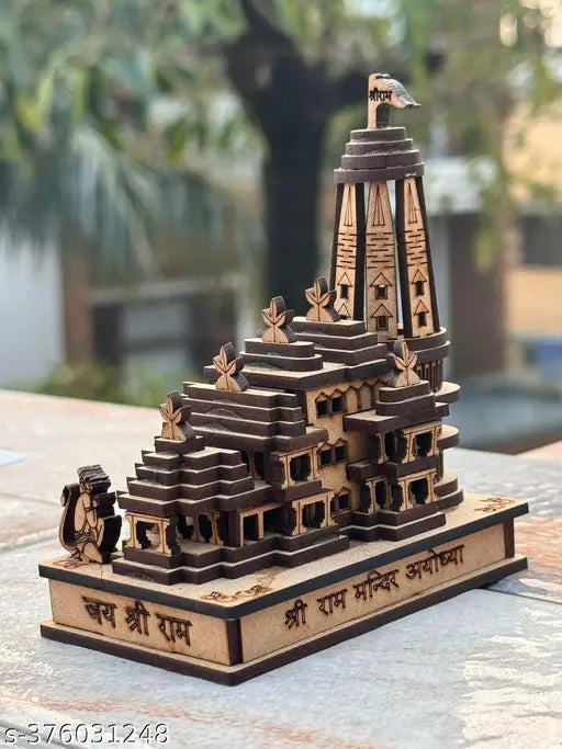 Small wooden Ayodhya Temple figurine, intricate Ram Darbar idol, Indian decor for home office or car dashboard (10cm x 11cm x 5cm)