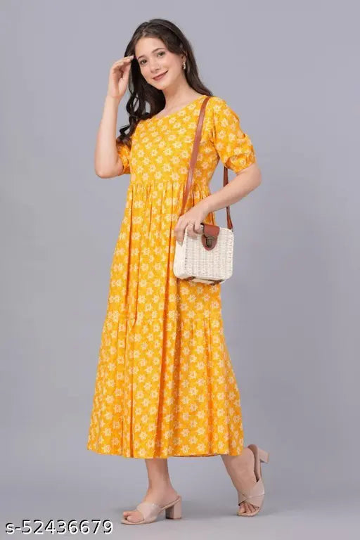 Yellow cotton midi dress, women's fashion casual wear
