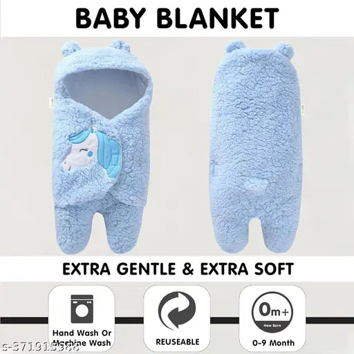Fleece OYO BABY unicorn embroidered hooded blanket, soft & cozy for 0-6 month babies, ideal for heavy winter, Indian origin