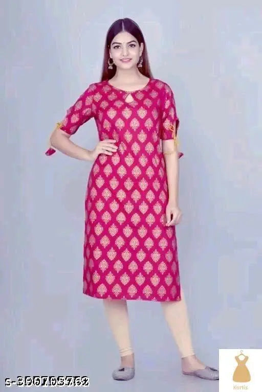 Pink gold Rayon three-quarter sleeve blouse with printed combo, XS to XXL. Indian fashion top on model