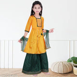 AFS Fashions Girls Readymade Kurta Sharara Dupatta set. Fine quality poly silk A-line kurta with printed pattern and three-quarter sleeves. Matching dupatta embellished with laces for any season or occasion. Indian made dress available in sizes 2-3 Years to 11-12 Years