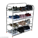 A four-tiered stainless steel multipurpose wall mount rack, suitable for shoes, utensils, kitchen dishes, and books