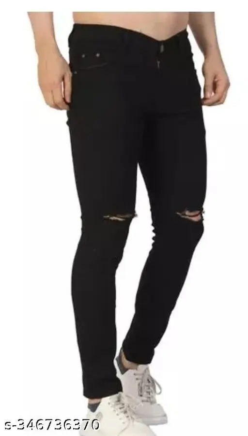 Black denim MOD MEN knee-slit jeans, solid pattern, size 28/30/32, made in India
