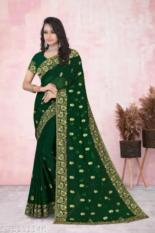 Green, embroidered saree